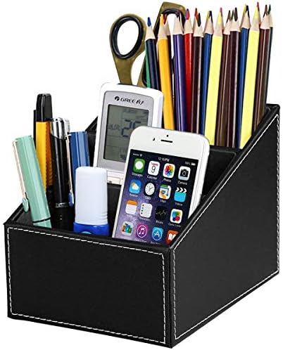 Discoball PU Remote Controller Holder,3 Compartment Leather Desk Organiser Pen Holders Desk Tidy Business Card Pen Mobile Phone Storage Box Cosmetics Organizer (Black)