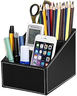 Discoball PU Remote Controller Holder,3 Compartment Leather Desk Organiser Pen Holders Desk Tidy Business Card Pen Mobile Phone Storage Box Cosmetics Organizer (Black)