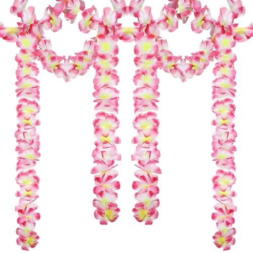 Moucuny 12 Pcs Tropical Flower Banner Hawaiian Garland Luau Flower Leis Garland Bulk Hawaii Party Decor Tropical Garland for Hawaii Summer Luau Tropical Decor(Hot Pink)