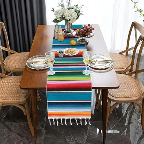 LIULA Mexican Table Runner for Cinco de Mayo Decorations, 84" x 14" 2Packs Hand Woven Mexican Table Runner Fiesta Party Supplies, Fringe Cotton Serape Table Runner for Mexican Party Wedding Decor-Blue Cover