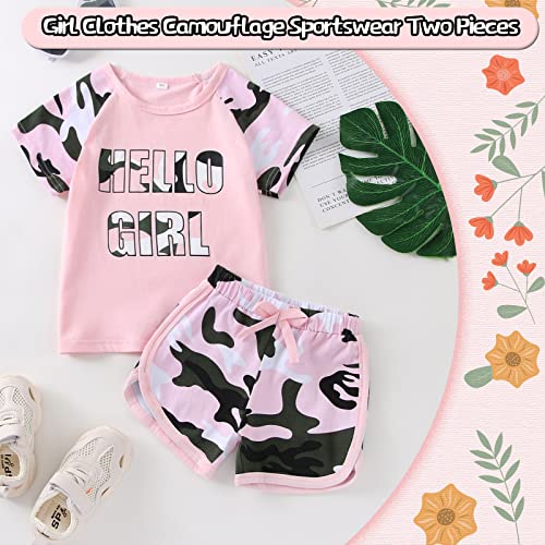 Focutebb Baby Girl Clothes 18-24 Months Toddler Summer Outfits Cute Baby Short Sleeve T-Shirt Pants Sport Tracksuit Light Pink Camo Girl 90Cm #TOP1
