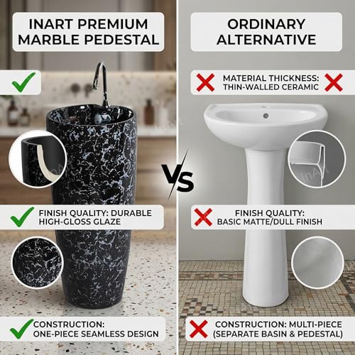 Image of InArt Ceramic Pedestal Wash Basin, Black Marble, 38x38 CM, Glaze Coated Easy Clean, Contemporary Free Standing Design for Modern Bathrooms, Kitchens, Living Rooms (Black Marble)