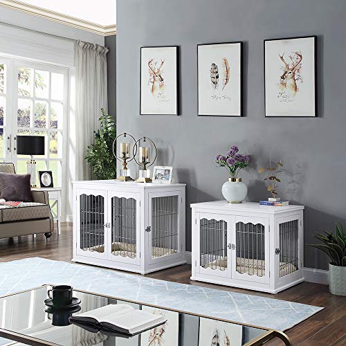 Unipaws Furniture Style Dog Crate End Table With Cushion, Wooden Wire Pet Kennels With Double Doors, Large Dog House Indoor Use #TOP2
