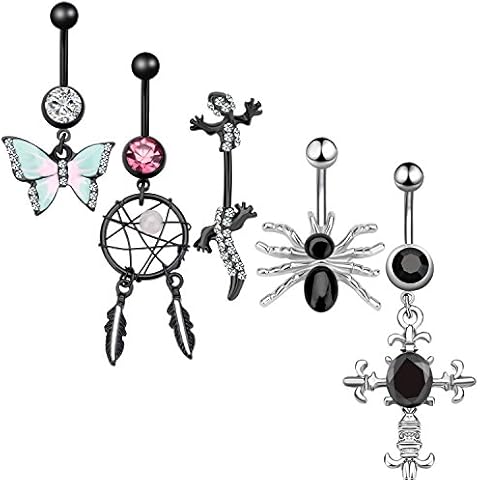 CABBE KALLO 5PCS Dangle Belly Button Rings Set Navel Surgical Stainless Steel 14G Body Piercing Jewelry (Black) Cover