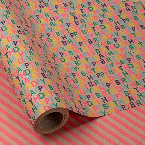 RUSPEPA Reversible Wrapping Paper Roll for Boys Girls Kids Men Women, Jumbo Roll, Colorful HAPPY BIRTHDAY and Stripe Design Kraft Gift Wrap Paper Ideal for Birthday Party, 30 Inches X 32.8 Feet