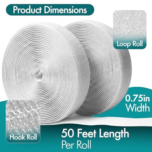 Image of (26ft x 0.75in) White Velcro Strips with Adhesive, Double Rolls of Heavy Duty Self Adhesive Tape with Backing (50ft x 0.75in + Measuring Tape)