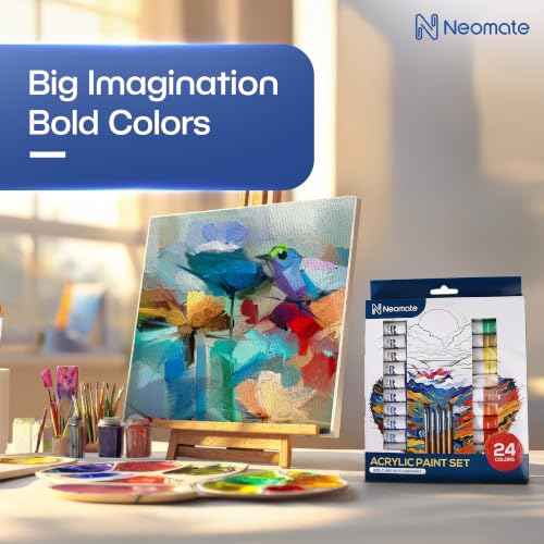 Image of Neomate Acrylic Paint Set - 24 Premium Acrylic Paint Tubes with 4 Brushes - Vibrant, Non-Toxic Pigments for Canvas, Glass, Plastic, Rocks, Arts and Crafts
