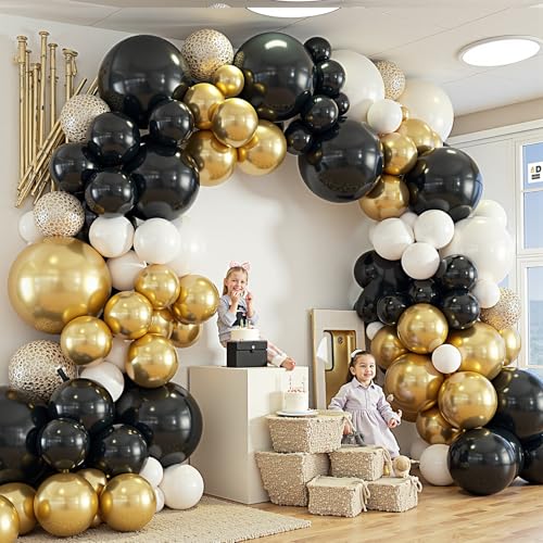 Image of 412Pcs Black and Gold Balloons,18 12 10 5 Inch Different Size Black White Metallic Gold Latex Balloons for Graduation Birthday Wedding Party Decorations