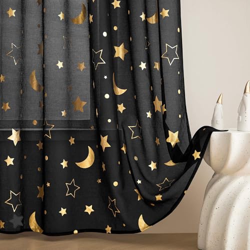 WUBODTI Gothic Sheer Star Curtains for Living Room Kids Room 63 Inch Length,Gold Moon and Star Patterned Faux Linen Semi Sheer Curtains Rod Pocket Light Filtering Drapes for Bedroom 2 Panels, Black