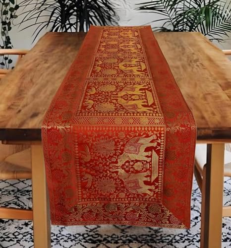 Image of Decorative Handmade Silk Table Runner Golen Brocade Dinning Table & Centre Table Top Decor Rectangular Runners Bed Runners Table Cloth for Wedding (152 X 40 CM ) (Orange)