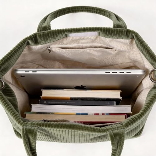Image of Kawn Korean Tote Bag Aesthetic Corduroy Canvas Handbag for Women Zipper Casual Large Capacity Shoulder Bag with Pockets Versatile Everyday use for College Work Travel & Shopping