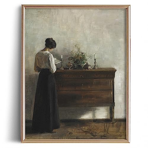 Farmhouse Portrait Picture Living Room 11 x 14 Art Print - Rustic Vintage Decor for Bedroom - Women Girl Lady Reading Portrait Moody Muted Oil Painting - Art Deco Wall Art for - Antique French Poster