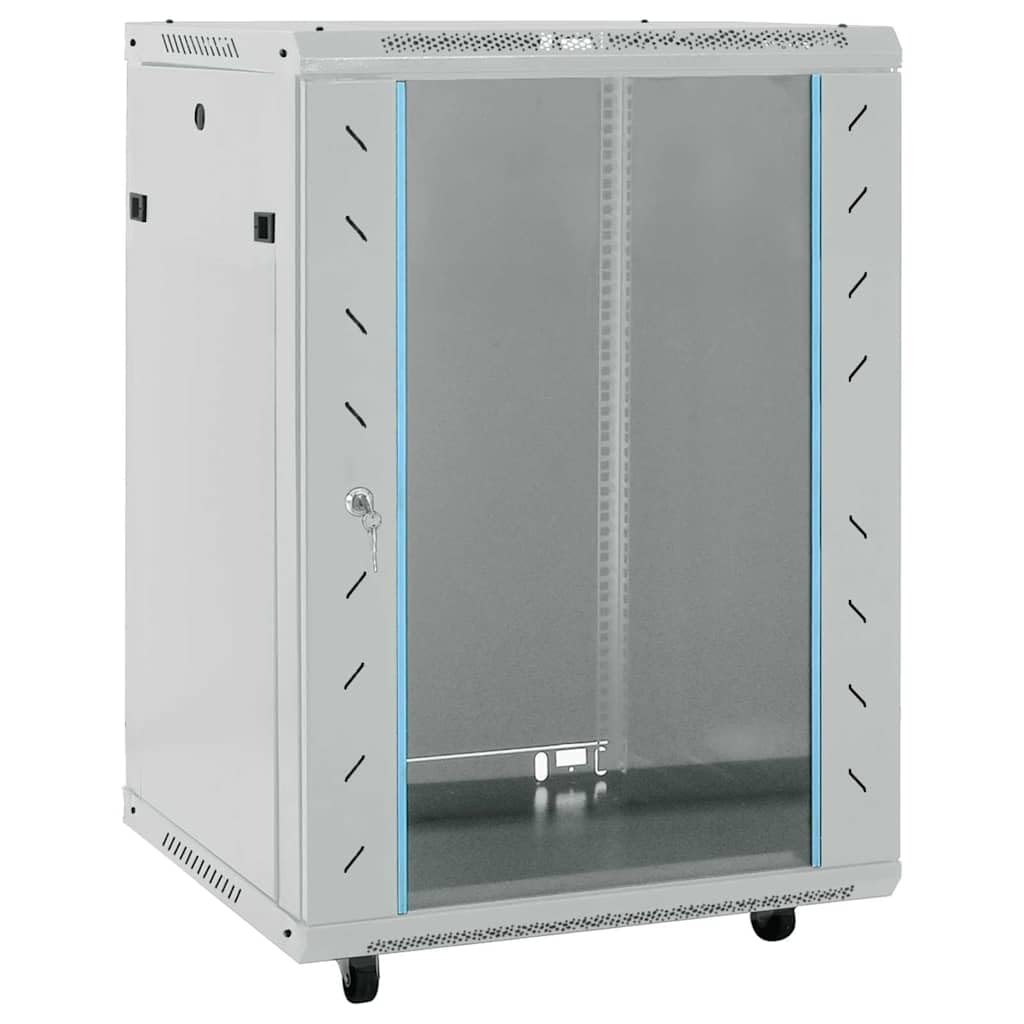 Armadietto di rete in acciaio con vetro di sicurezza grigio 60 x 60 x 80 cm, archiviazione mobile con ruote per NAS e server domestico, ideale per ufficio, LAN, Wi-Fi, streaming multimediale
