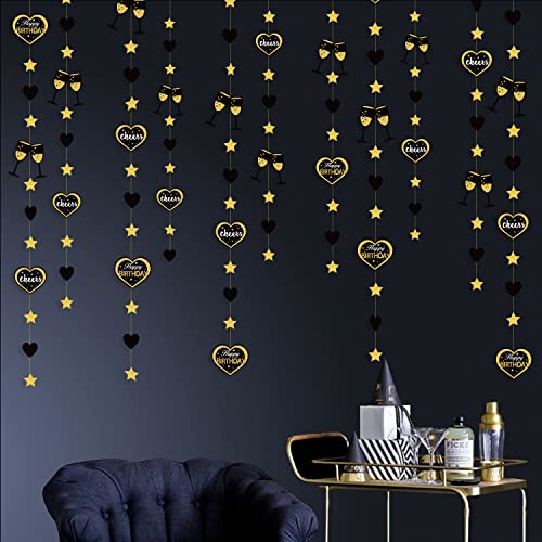 Guirnalda de cumpleaños oro y negro de 16m con banderines de estrellas y corazones para fiesta 70