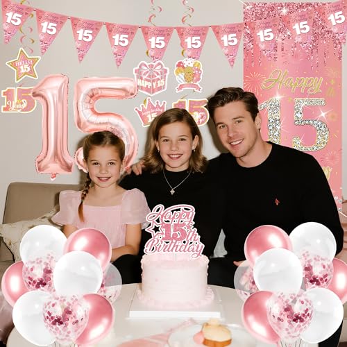 15 Geburtstag MäDchen Deko Set - 29 StüCk Rosegold Glitzer Happy Birthday Geburtstagsdeko Wimpel Tortendeko Mit HintergrüNde Zahl Luftballon Wirbel FüR 15 Jahr Geburtstagsfeier Party Dekoration
