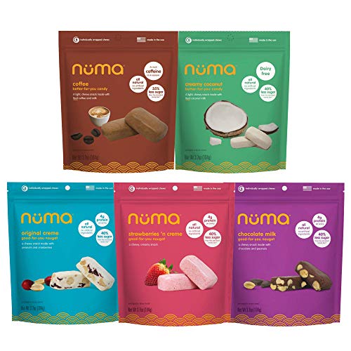Healthy Chewy & Creamy Soft Candy Variety Pack - Low Sugar, All-Natural, Gluten Free, High Protein - 5 Bags of 8 Individually Wrapped Chews Each of Creme, Chocolate Milk, Strawberry, Coconut, Coffee