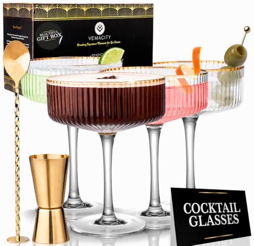 Vemacity Ribbed Espresso Martini Glasses | Gold Rims Spoon & Jigger | 300ml Cocktail Glasses | Champagne Coupe Glass | Coupe Glasses Set of 4 | Large Cocktail Glass | Espresso Martini Gift Set