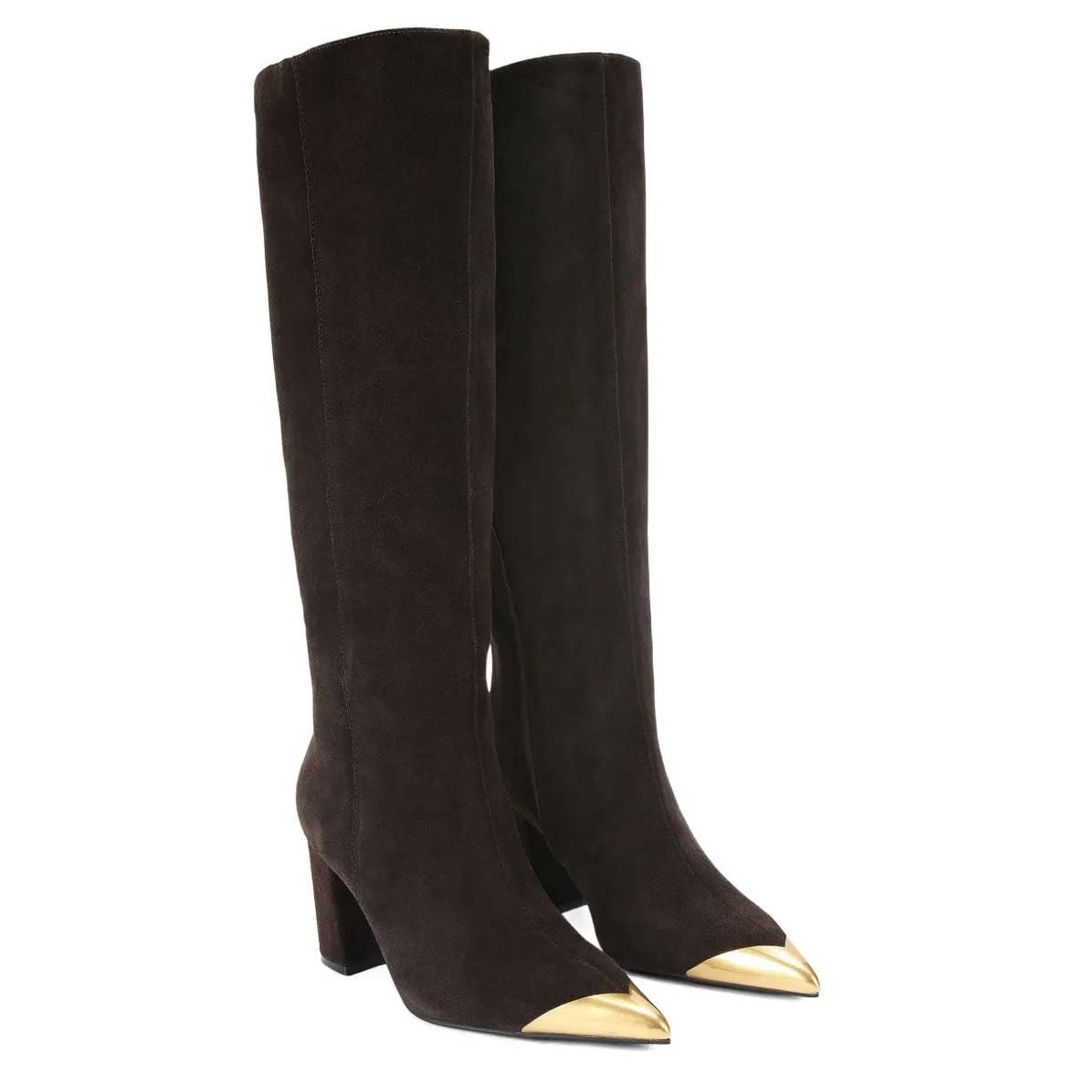 Womens Suede Knee High Boots Metal Toe Block Heel Riding Long Boots With Side Zipper Western Cowboy High