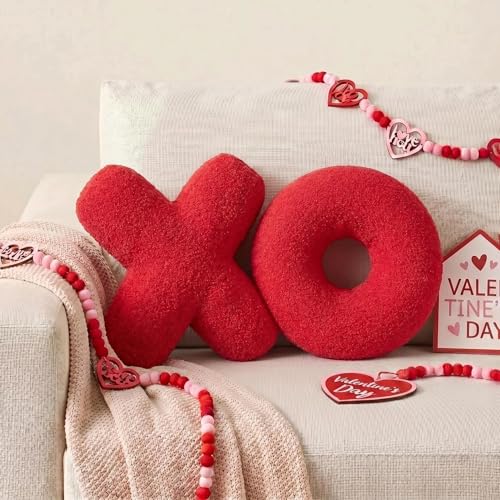 FairDeco XO Pillow Plush Pink Throw Pillows Valentines Day Decorative Hugs and Kisses Cute Pillows Romantic Home Dcor for Sofa Bedroom Living Room 12.5x12.5 Inch Set of 2