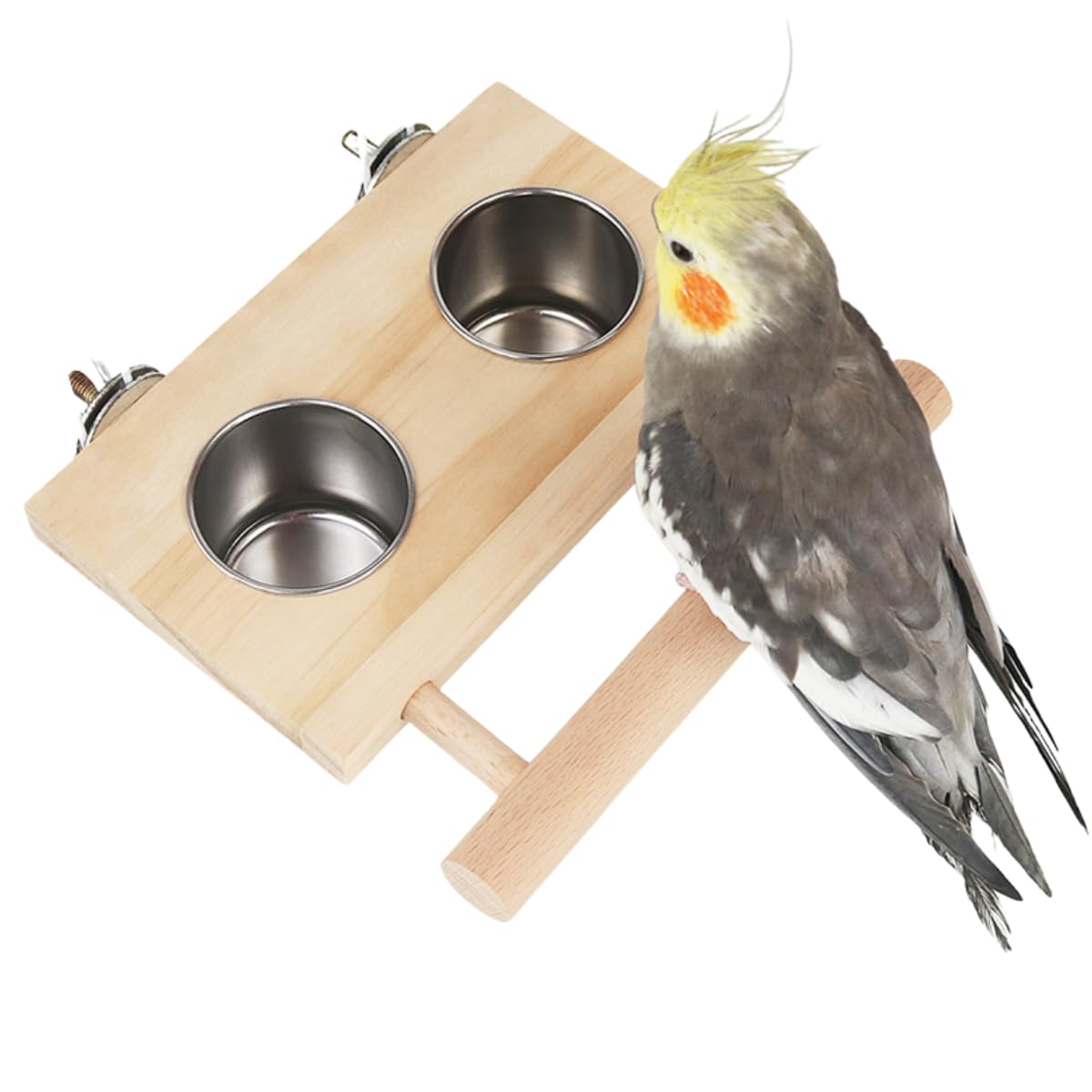 Bird Food Stainless Steel Cups Wooden Perch Stand Hanging Feeder Bowls Feeding and Watering Supplies for Parakeets Conures Cockatiels Budgie Parrot (L