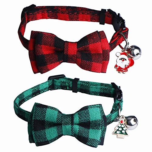 STMK 2 Pack Christmas Plaid Cat Collars with Bow Tie Bell, Breakaway Adjustable Santa Claus Christmas Tree Cat Kitten Collars with Bowtie Bell for Christmas Cats Kittens Costume Decorations