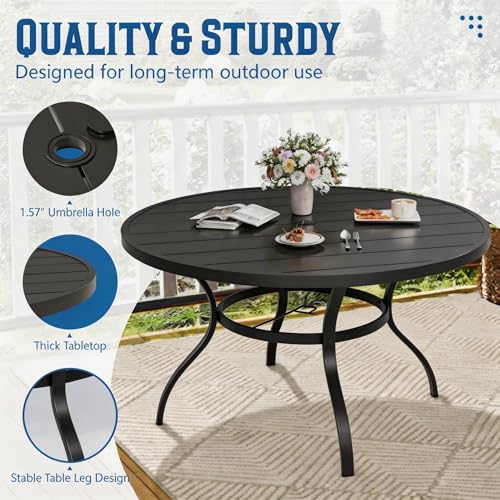 Image of Incbruce Patio Dining Table, 53 inch Round Table Metal Steel Slat Table with 1.57 inch Umbrella Hole, for Backyards, Porches, Gardens, or Poolside