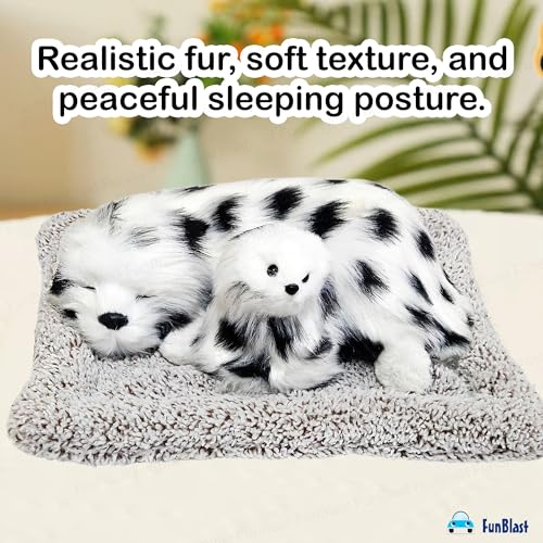 Image of FunBlast Sleeping Cute Dog with Puppy - Realistic Soft & Lifelike Pet Puppy with Bed for Car Dashboard and Home Decor, Sleeping Dog Soft Toy (White-Black)