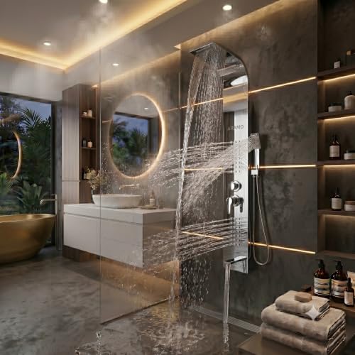 Image of ARAMO Shower Panel - Wave with Waterfall Shower, Massage Jet, 5 Water Functions (Chrome)