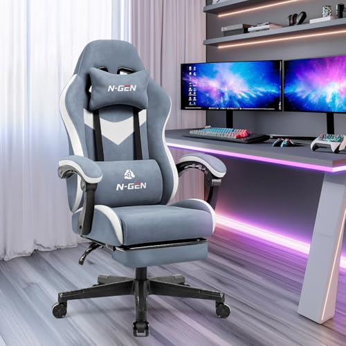 Image of N-GEN GAMING Video Gaming Chair Office Computer Desk Use Ergonomic Reclining Backrest Adjustable Armrests Lumbar Support Footrest High Density Foam Breathable Fabric Heavy Duty Base (Blue)