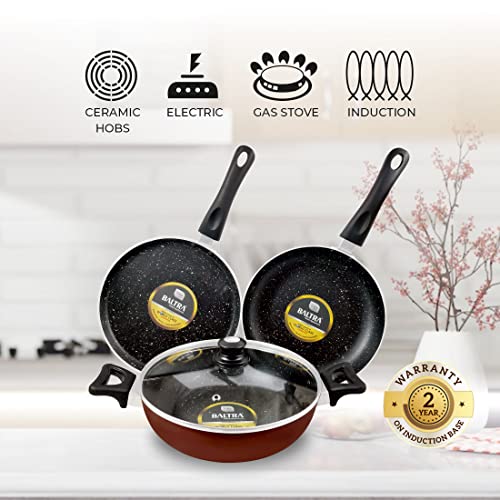 Image of BALTRA Induction Base Non-Stick Cookware Set 4 Pieces (1-Piece Non-Stick Kadhai (26cm) with Lid, 1-Piece Non-Stick Fry Pan (24cm), 1-Piece Non-Stick Dosa Tawa (24cm)) Red (BTN-211)