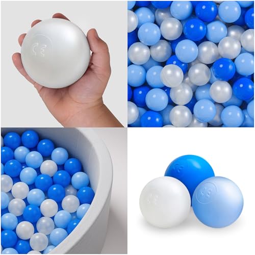 MISIOO Bälle für Bällebad 150 Stück - Bälle Ø 6 cm - Plastikbälle aus 100% LDPE - Hellblau/Perlen/Blau