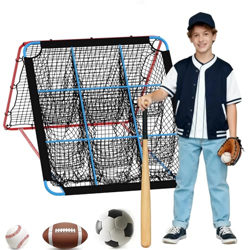 Portable Baseball Rebounder Net 5x4.3 Ft, 2-in-1 Dual-Sided Baseball Pitching Equipment w/Adjustable 12-Angle and 9 Pocket Nets, Multi-Sport Bounce Back Net for Hitting & Pitching Practice Training