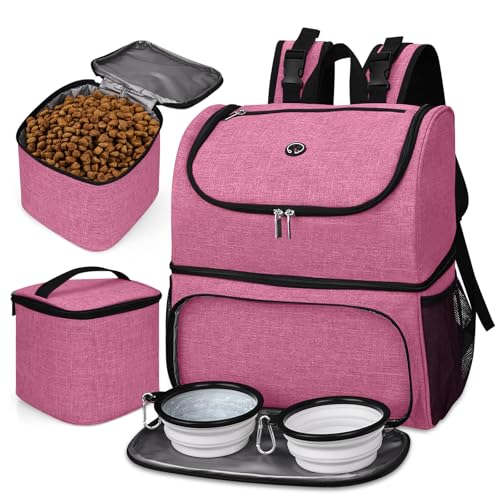 BAGLHER Pet Travel Bag, Double-Layer Pet Supplies Backpack (for All Pet Travel Supplies), Pet Travel Backpack with 2 Silicone Collapsible Bowls and 2 Food Baskets Pink