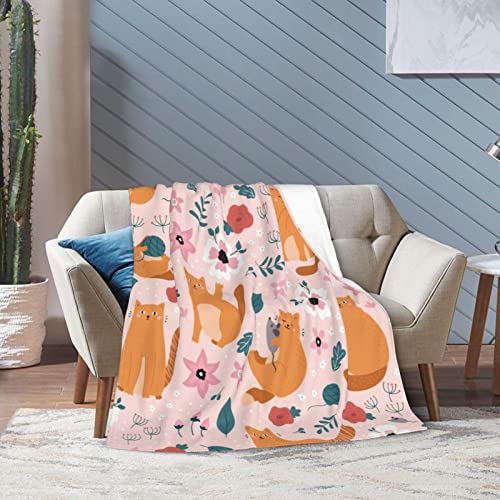 Cute Cat Throw Blanket Cozy Plush Orange Kitten Mouse Flannel Fleece Ultra Soft Blankets Unisex Lightweight Fuzzy Flower Party Blanket Gifts For Bed Couch Sofa Boys Girls 50"X40" #TOP3