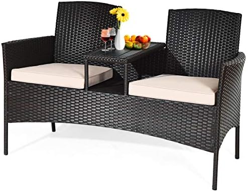 HAPPYGRILL Outdoor Loveseat Set Patio Wicker Conversation Set with Removable Cushions and Coffee Table Sofa Outdoor Rattan Sofa Furniture Set for Garden Lawn Backyard