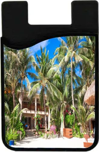 Island Gifting Neoprene Stick-on ID Card Holder for iPhone/Galaxy/Google Android Cases Featuring Image of Cozy Little Hotel on Tropical Excotic Resort White Sandy Beach Phillipines