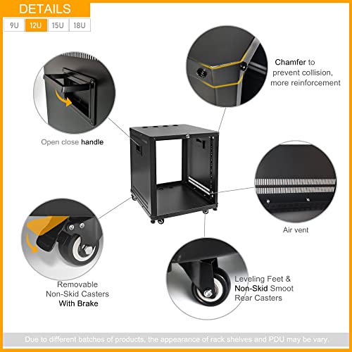 image for RIVECO POMU 12U Network & Stereo Rack with Caster Wheels, Rolling Serv