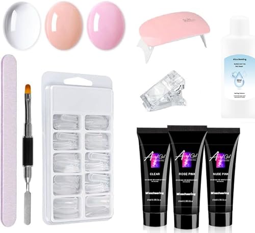 Complete Nail Kit, Clear, Rose Pink and Nude Pink, with Slip Solution, UV Nail Lamp and Tips