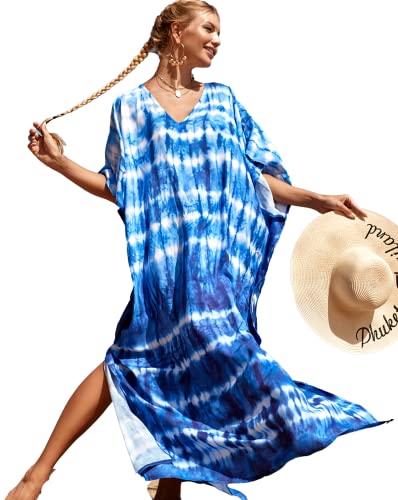 Blue Tie Dye Bathingsuit Cover Up Kaftan Dresseswomen Caftan Vneck Ethnic Print Caftan Rayon Plus Size Kaftans Floral Print Batwing Sleeve Over Sized Caftans Lounge Wear Maxi Beach Dress 791-10 #TOP16