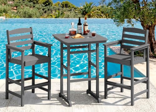 SERWALL 3 Pcs HDPE Bar Height Adirondack Chairs and Bar Table Set Grey