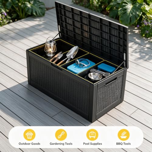 Image of 130 Gallon Deck Box,Lockable Outdoor Storage Box Gas Lift,Waterproof,Black | Package delivery box for outside, outdoor bench with lid, holds patio cushions, gardening tools, dock storage for patio