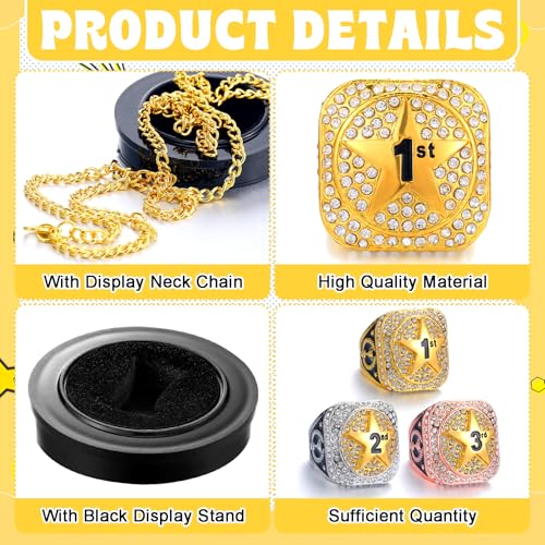 Highergo 3 Pcs 1st 2nd 3rd Place Championship Trophy Ring with Display Neck Chain and Stand Finalist Participant Gold Silver Bronze Tone Finalist Participant Ring for Finalist Participant Match by Highergo - Image 3