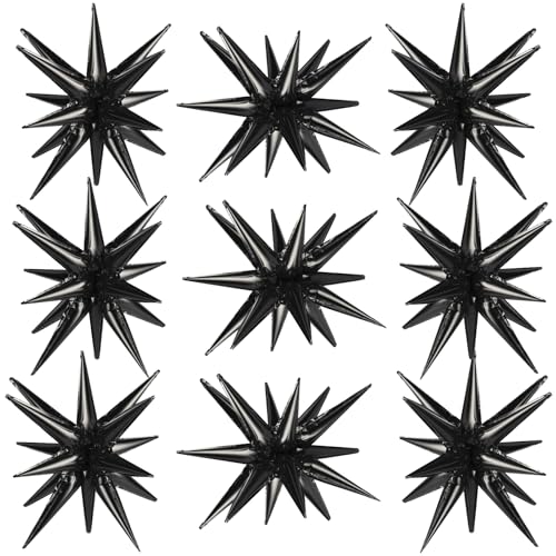 9 PCS Black Star Balloons Foil, One-Piece 22 Inch Explosion Spike Balloons, Large Mylar Cone Star Balloon for Halloween Wedding Anniversary Birthday Party Decorations