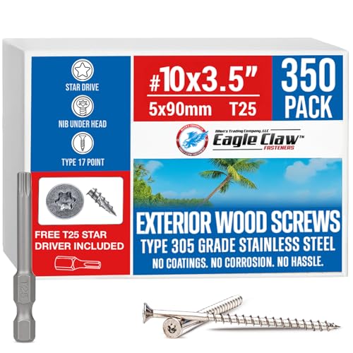 Image of #10 x 3 1 /2 Inch Stainless Steel Deck Screws | 305 Grade (350 Pack) | Flat Head T25 Star Torx Drive | Stainless Steel Screws by Eagle Claw Fasteners | Corrosion & Rust Resistant (Includes Driver Bit)