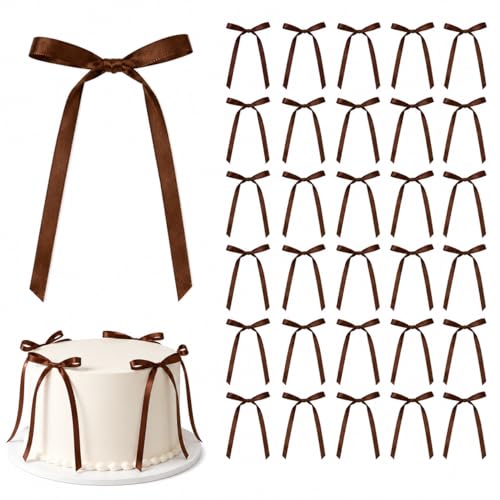 30 Pack Bow Cake Toppers Pre-Tied Satin Ribbon Bows for Cake and Cupcake Decorations Birthday Wedding Baby Shower Dessert Table Decor Brown