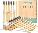 12 cepillos de dientes ecológicos de carbón de bambú natural | Cepillo de dientes de cerdas suaves biodegradables (paquete de 12)