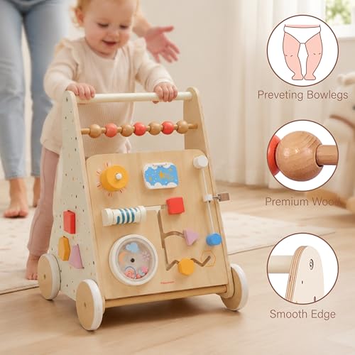 Image of Pillowhale Wooden Baby Walker with Wheels Montessori Activity Push Walker Toy for Toddlers Adjustable Speed & Activity Center for Girls Boys 12M+