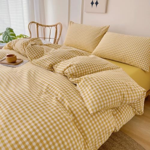 Image of LifeTB Yellow Gingham Comforter King Comforter Set Geometric Checkered Plaid Bedding Comforter with 2 Pillowcases Fluffy Soft Lightweight Bedding Boho Grid Plaid Comforter Set King for All Seasons