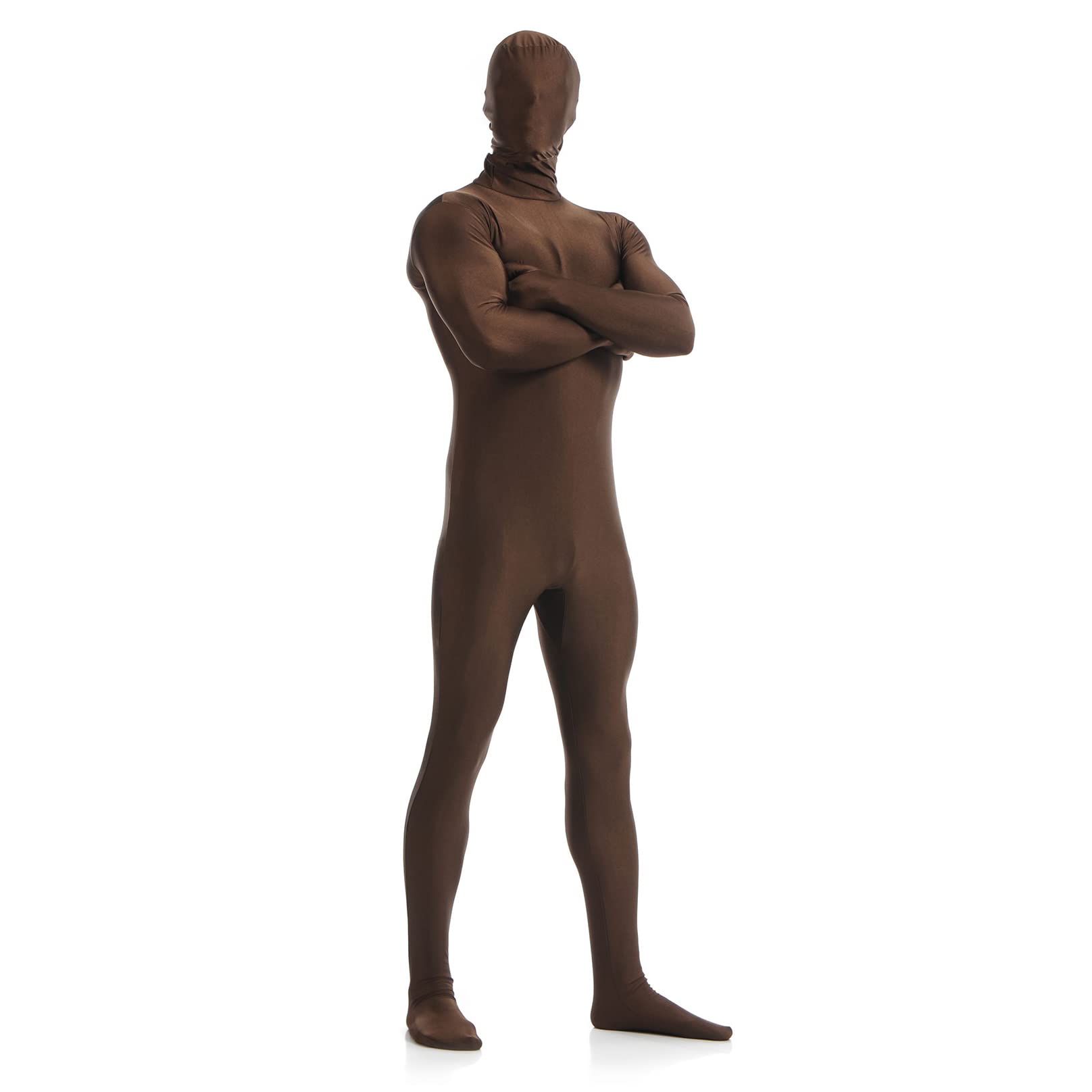 LEEMQCYA Men's Brown Full Body Unitard with Mask Long Sleeve