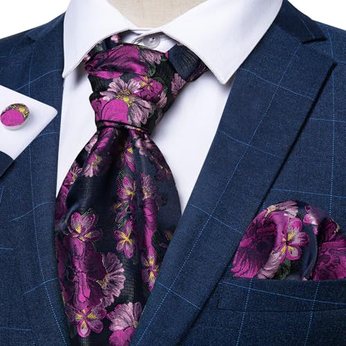 Image of DiBanGu 3PCS Ascot Ties for Men Wedding Jacquard Woven Silk Ascot Cravat for Men Cravat Tie and Pocket Square Set